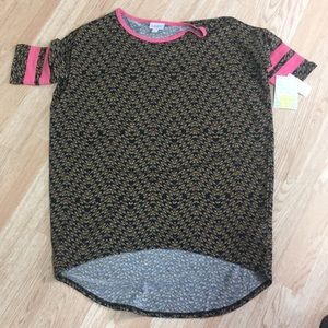 XXS Lularoe Irma with jersey stripe sleeves.